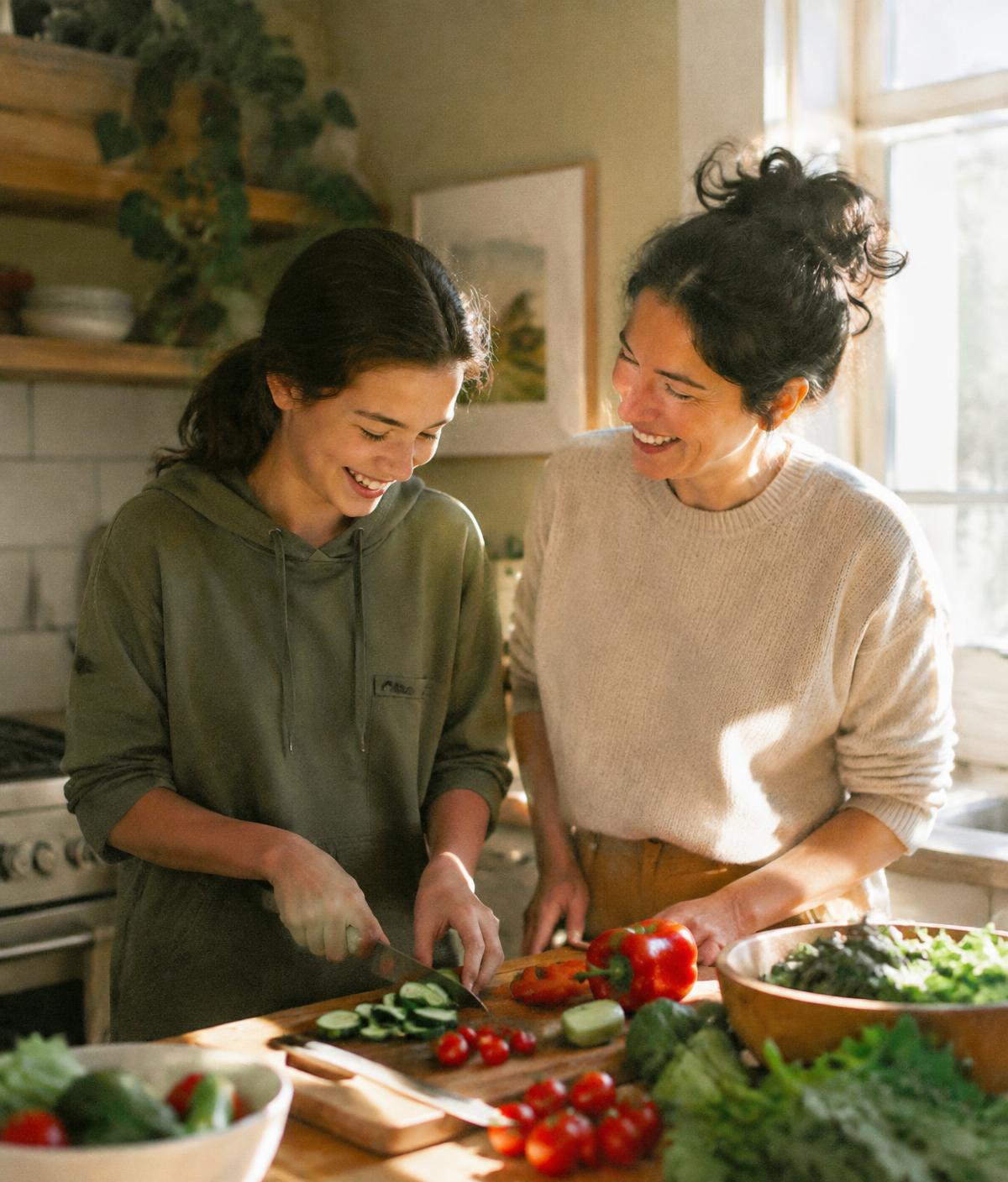 Teen and parent cooking together
